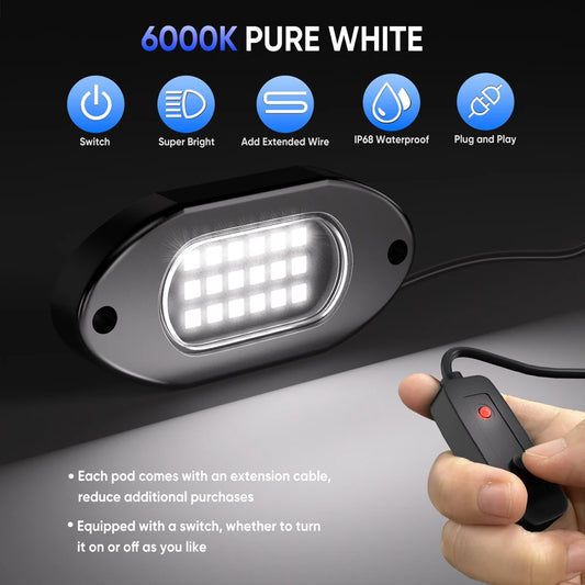 4/6/8/12 Rock Lights LED for Off road Truck SUV 4x4 ATV Jeep Neon Underbody Trail Rig Light Chassis Light Undergolw 12V( White)