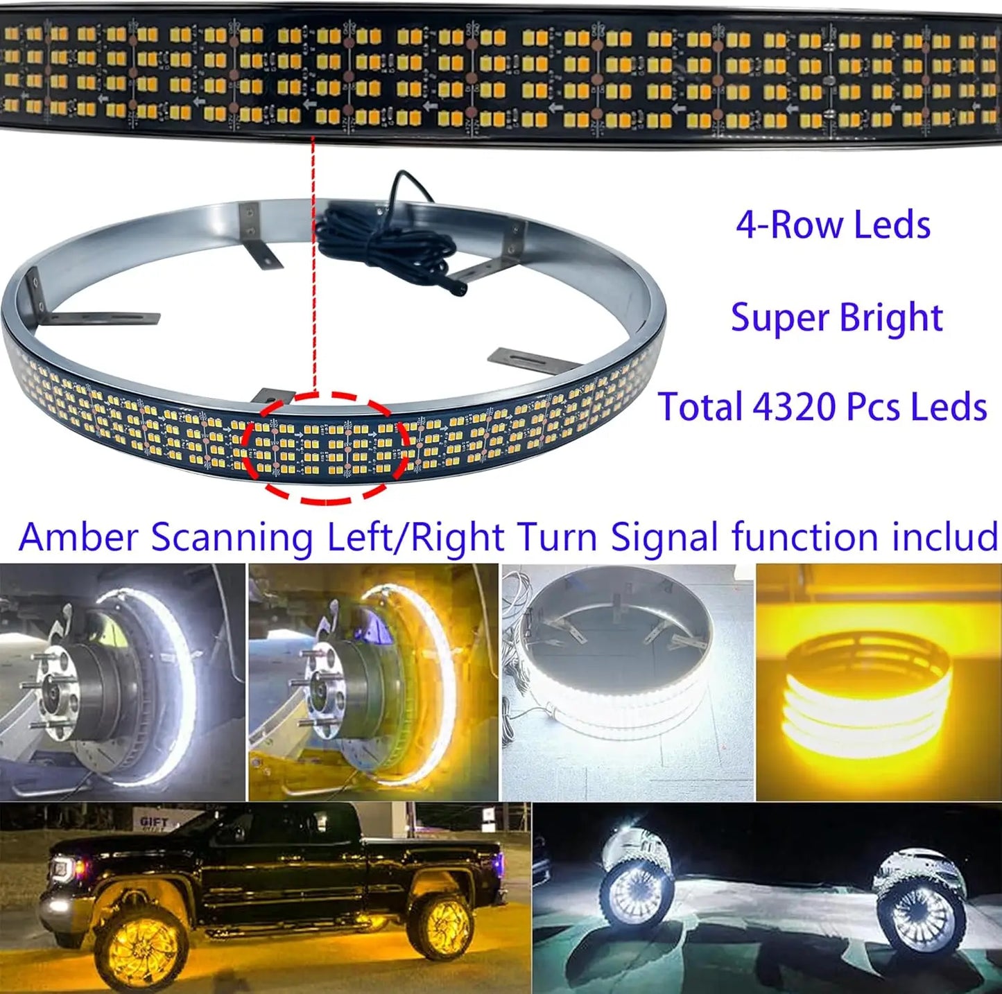 Kingshowstar 4-Row Yellow & White LED Car Wheel Lights with Remote  Dual Color Switch Back Wheel Rings Light for Truck Car