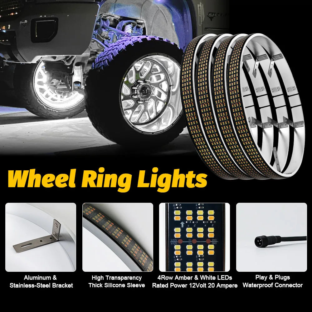 Kingshowstar 4-Row Yellow & White LED Car Wheel Lights with Remote  Dual Color Switch Back Wheel Rings Light for Truck Car