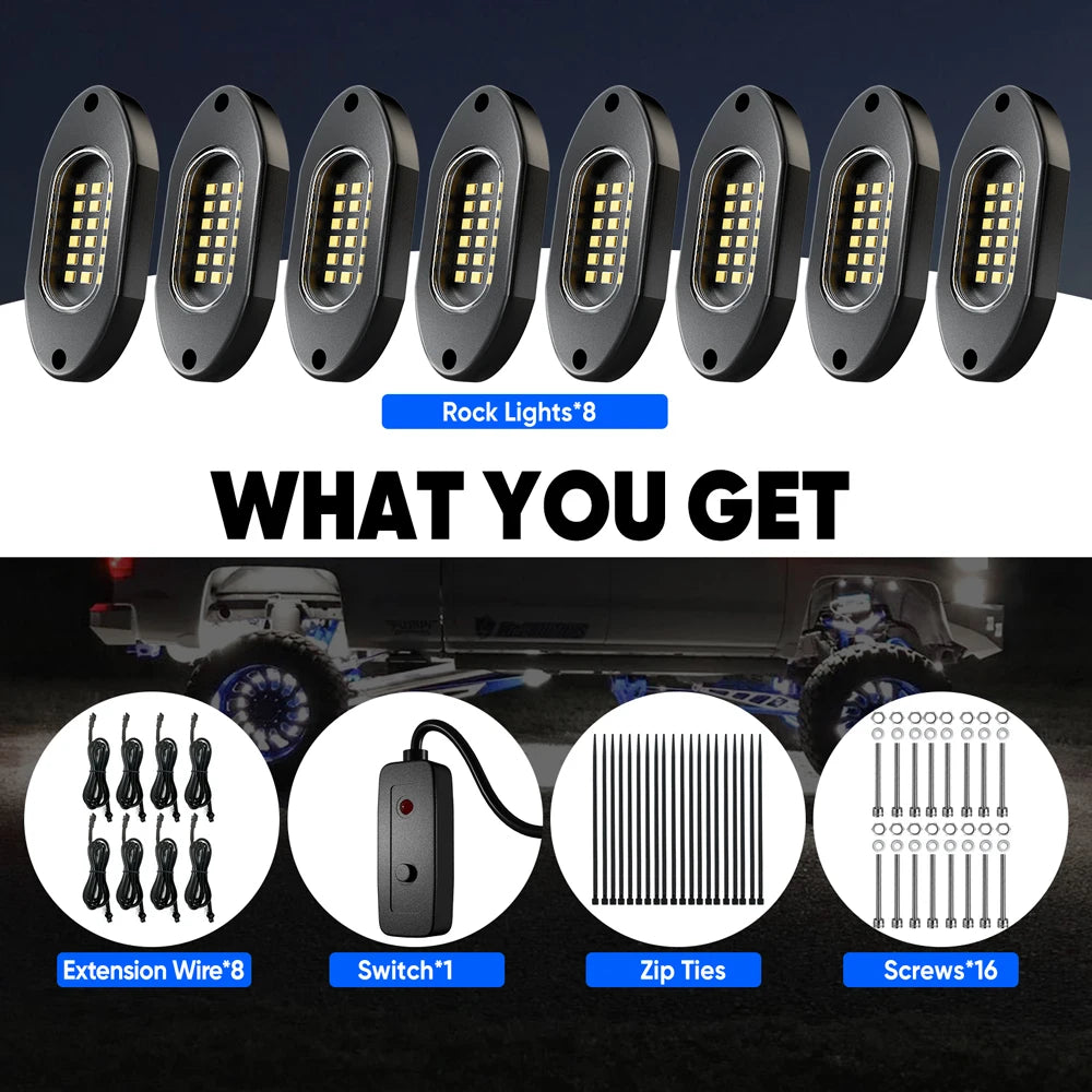4/6/8/12 Rock Lights LED for Off road Truck SUV 4x4 ATV Jeep Neon Underbody Trail Rig Light Chassis Light Undergolw 12V（ White）